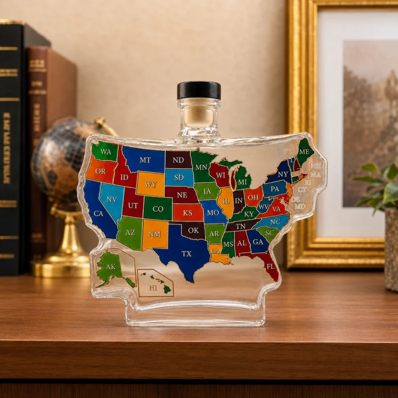 USA Contour Map Glass Whiskey Decanter Color Coded US State Abbreviation Print Lead Free Liquor Storage Bottle American
