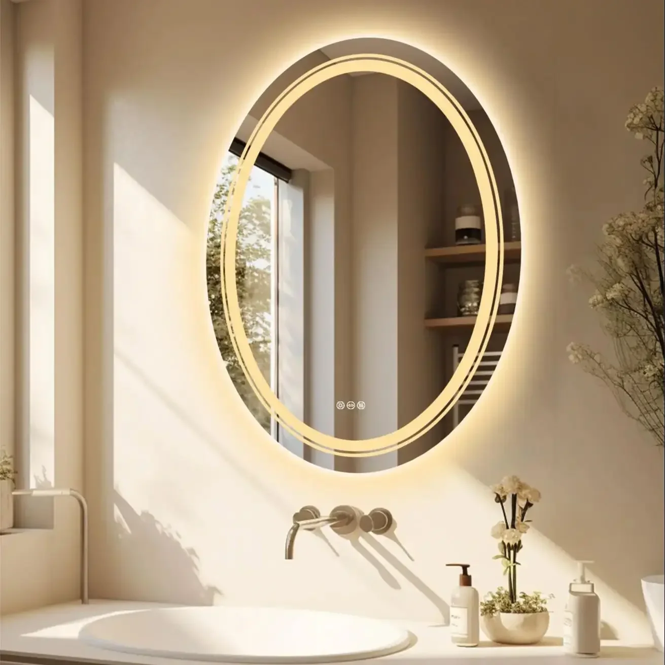 2 Sizes High Lumen Large Antifog Oval LED Bathroom Mirror Wall Makeup Vanity Mirror Smart Touch 3 Color Light Dimmable