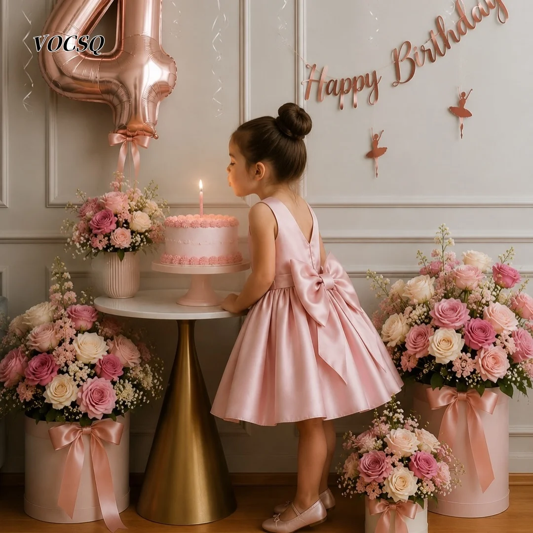 Vestido de Niña para Damas de Honor, Color Rosa Satinado, Vestido de Comunión Infantil, Espalda en V Profunda, Lazo Grande, Falda Corta, Vestido para Bautizo, Invitada de Boda, Personalizado