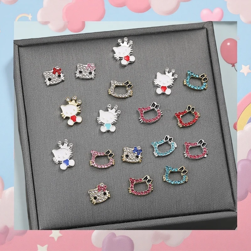 

10Pcs Hello Kitty Nail Charms - Gold & Silver Alloy Cat Charms with Full Rhinestone Details for Glamorous Press-On Nails
