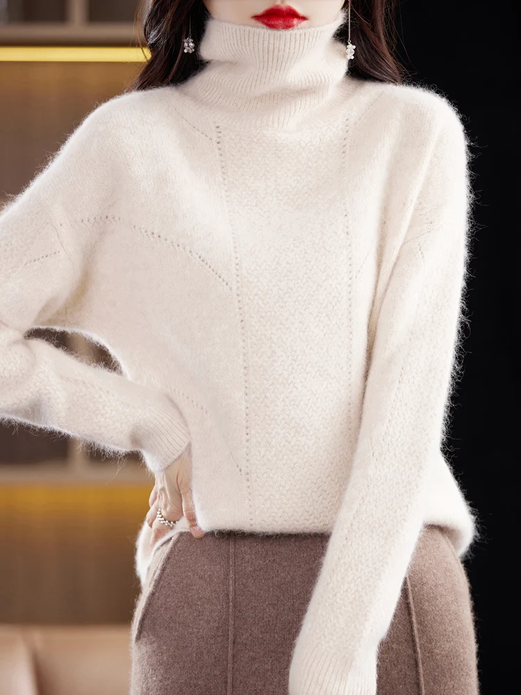 Winter New 100%Mink Cashmere Sweater Women Turtleneck Thicken Knit Jumper Fashion Hollow Tops Lapel Jacquard Large Size Pullover