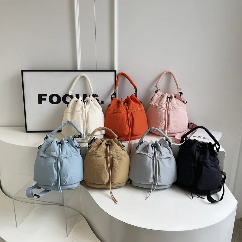 Casual Soft Puffer Bucket Bag Drawsting Padded Women Shoulder Bags Lightweight Nylon Handbags Simple Small Tote Shopper Purses