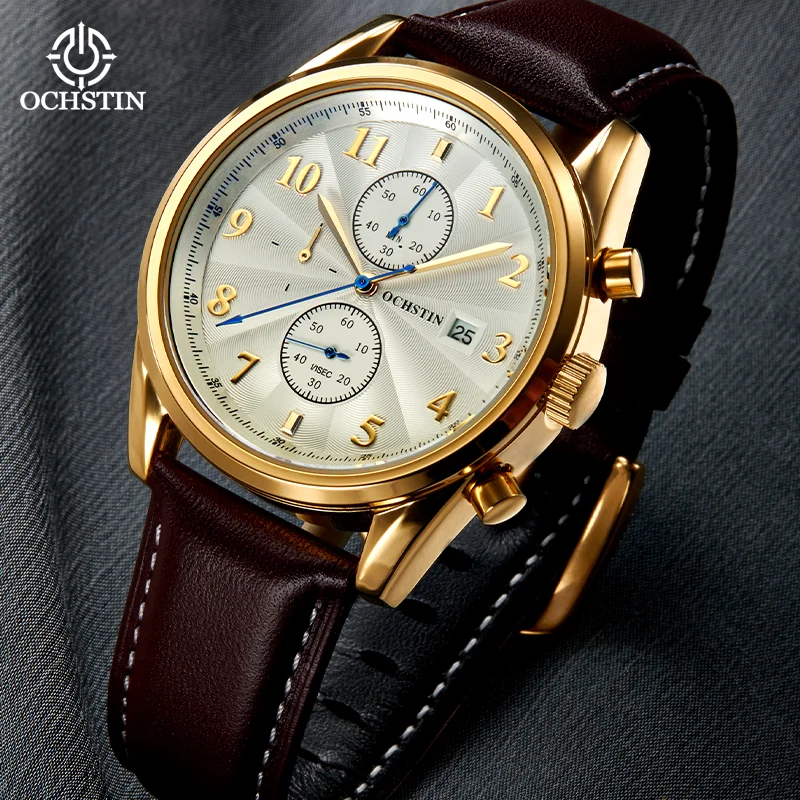 OCHSTIN Man Retro Tactical Aviator Men Quartz Watches Polished Anti-corrosion Alloy Housing Supple Textured Leather Band Clock