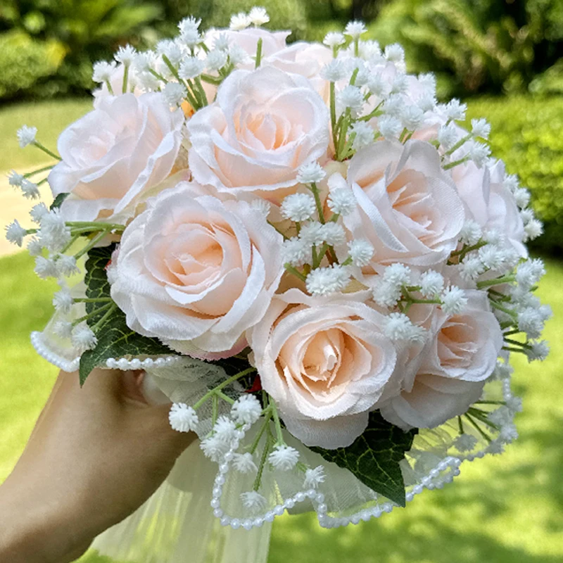 1PC Wedding Bouquets for Bride Silk Ribbon Bridesmaid Bouquets Valentine's Day Decoration Pearl Lace mesh Rose Tossing Bouquet ﻿