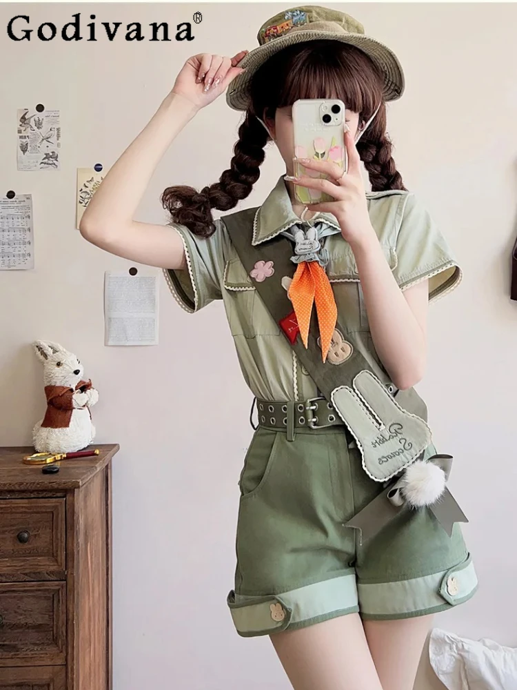 

Japanese Preppy Style Short Sleeve Shirt High Waist Skirts Sets Summer Lolita Girls Women's Skirts Set Fashion Womens Outfits
