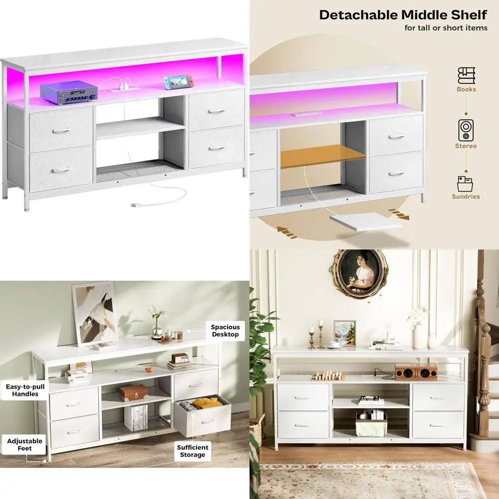 

Contemporary TV Stand with Power Outlets, LED Lights, Shelves, Fits 54-60 Inch TVs, 4 AC & 2 USB Ports, White