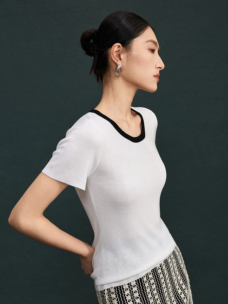 

Модный женский пуловер Jiancha Color Blo из смесового шелка с U-образным вырезом и коротким рукавом, простой повседневный топ