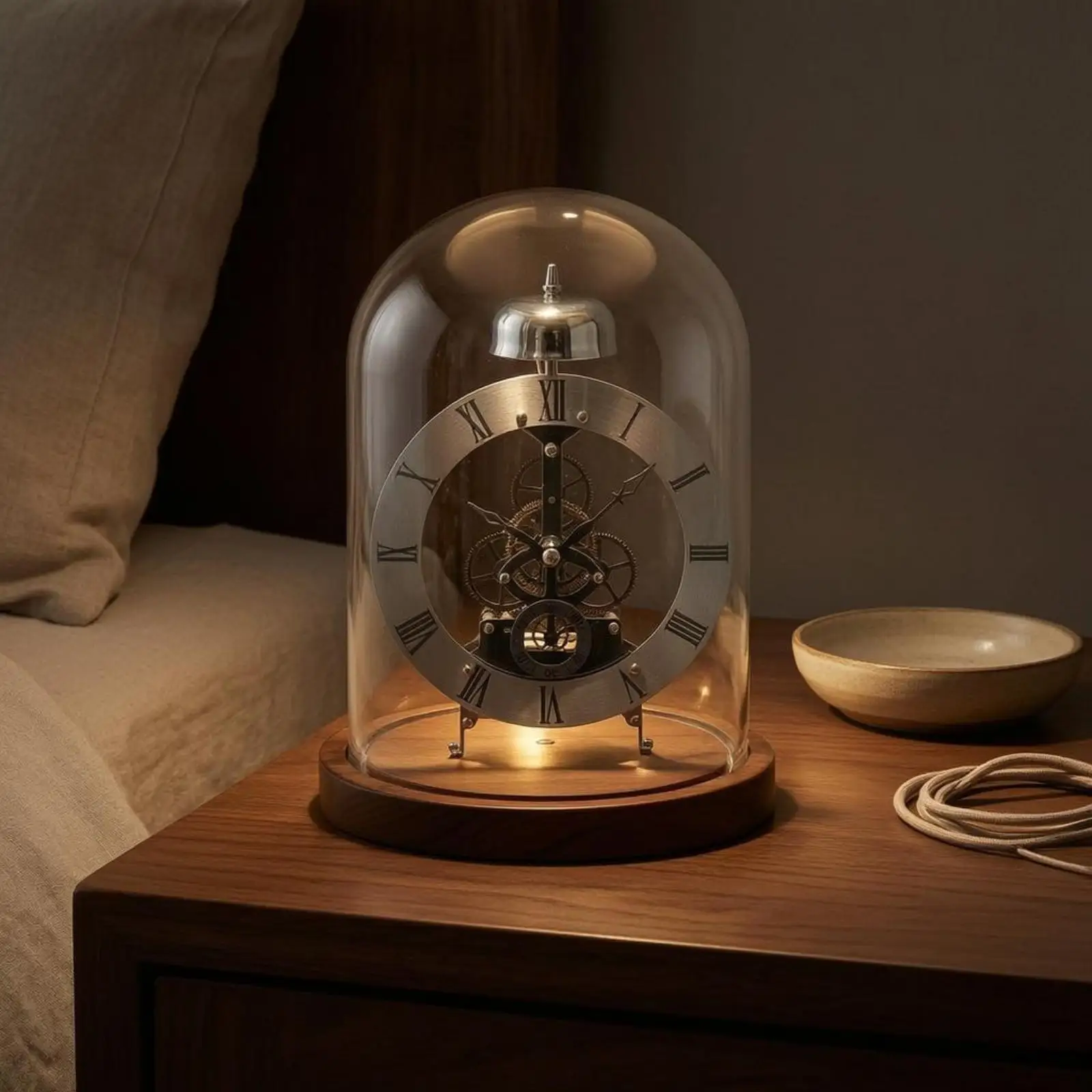 Glass Dome Glass-Enclosed Timepiece Transparent Mechanism Walnut Base