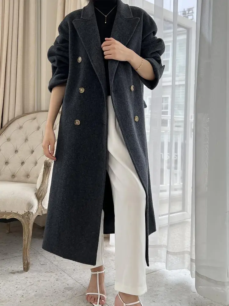 Office Lady Woolen Rabbit Hair Jackets 2024 Fall And Winter Suit Collar Double Breasted Loose Long Women\'s Wool Coats