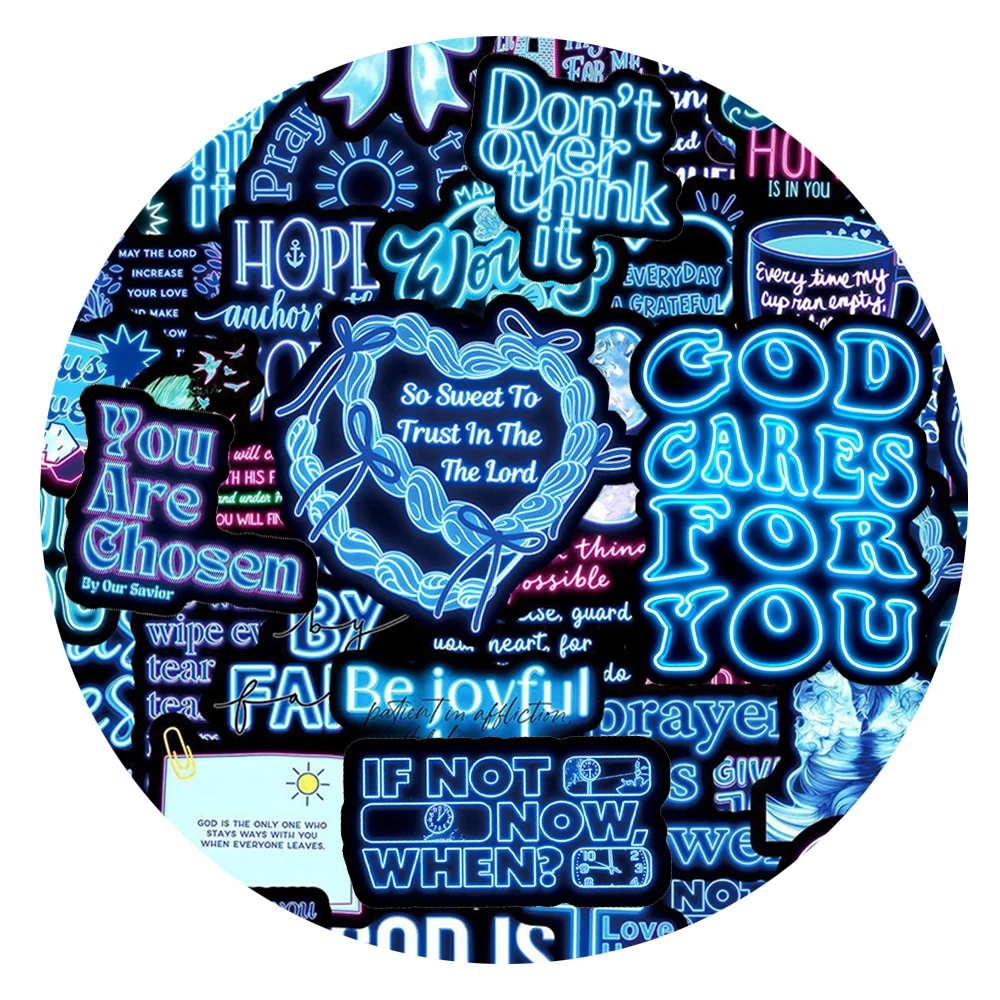 

10/30/50pcs Cartoon Blue Neon Bible Jesus Sticker Decals DIY Scrapbook Phone Suitcase Motivational Quote Graffiti Sticker Decor