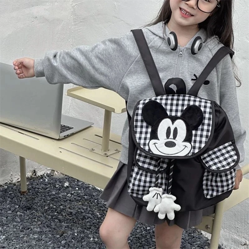 Mickey Mouse Plaid Backpack 3D Head Decor Cute Versatile Girlish Casual Outdoor Backpack for Daily Travel & School Use