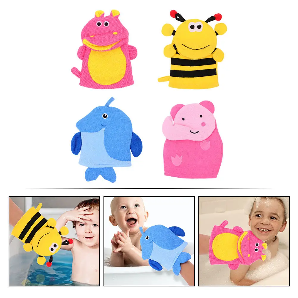 4Pcs Kids Bath Gloves Cartoon Animals Shape Soft Delicate Exfoliating Bath Scrubber for Children Gentle on Sensitive Skin