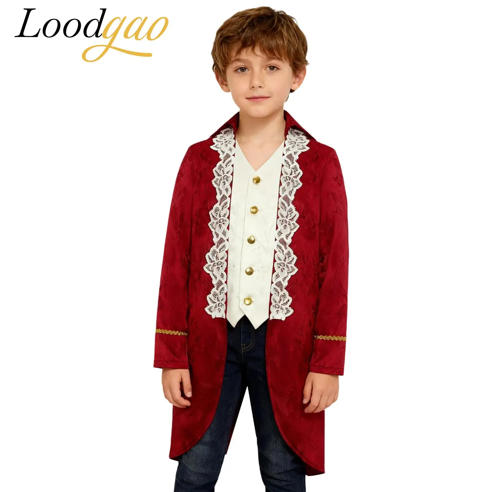 

Boy's Renaissance Victorian Coat Medieval Jacket Trun-down Collar Lace Embroidery Tailcoat Halloween Carnival Costume Jackets