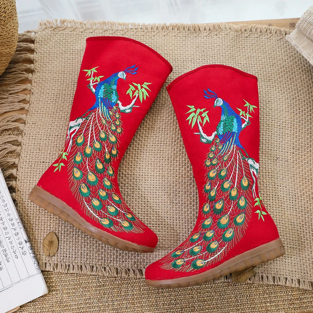 Veowalk Autumn Old Beijing Peacock Sequins Cotton Embroidered Woman Casual Mid Boots Ladies Platform Canvas Shoes Botas Mujer