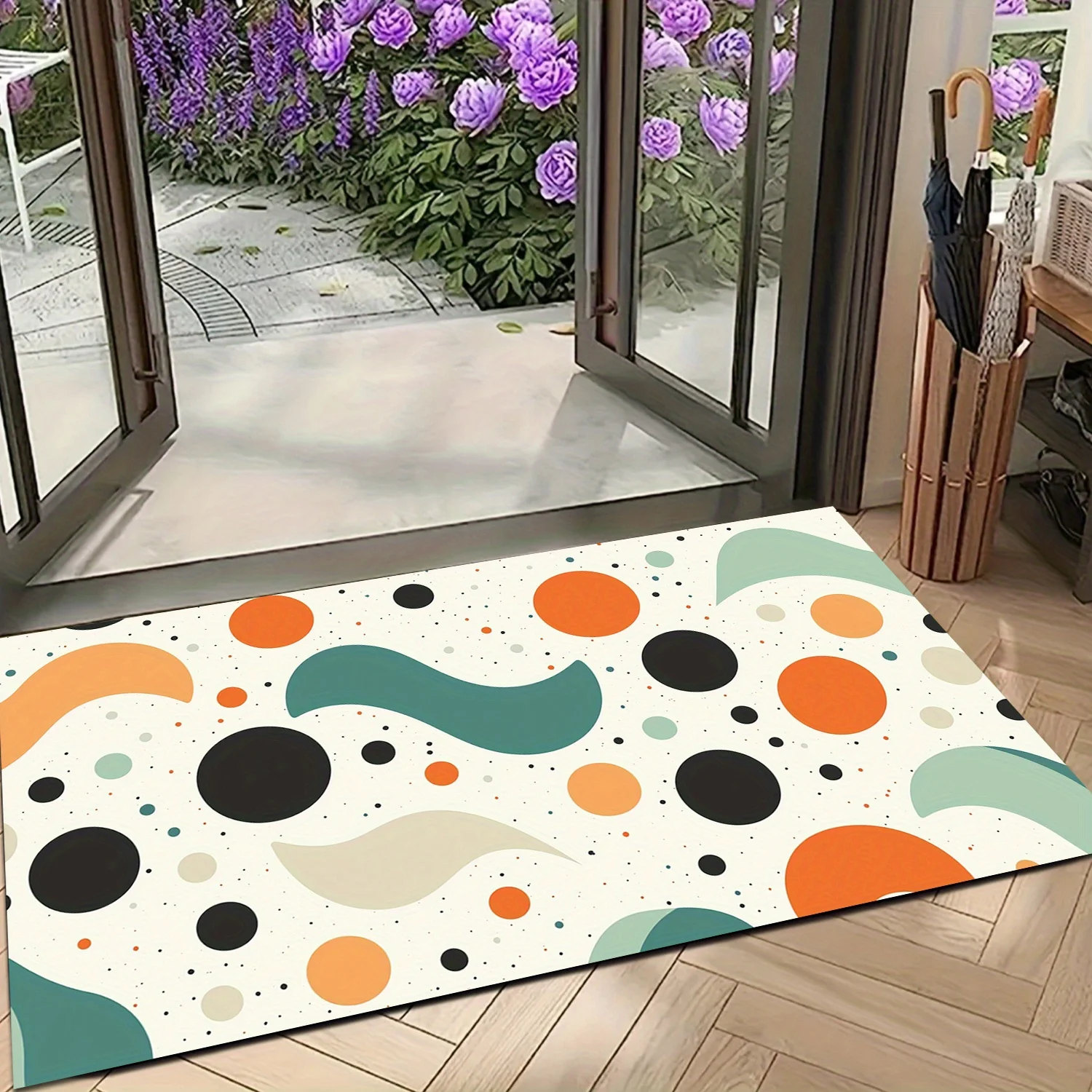 

1 шт., напольный коврик в стиле ретро с геометрическим круглой волнистым узором из полиэфирной ткани, который можно стирать в машине, подходит для спален, гостиной