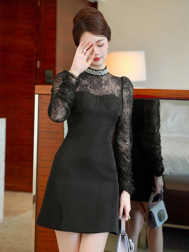 Schwarz Gefälschte 2-Stück Abendkleid Frauen Kleidung Spitze Sheer Sexy Dünne Kurze Kleider Elegante Luxus Party Club Geburtstag vestido Neue