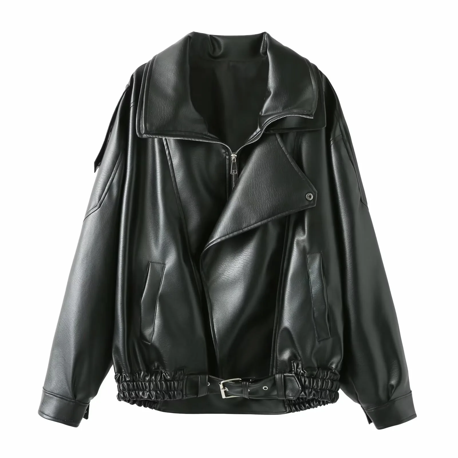 Trendy Loose Designer Women's Leather Jacket Stand Collar Biker Style Trade European And American Fashion