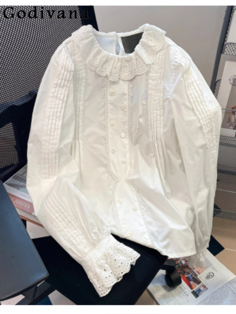 

Корейская милая полая кружевная рубашка с воротником Питера Пэна, женская осенняя новинка 2025 года, шикарный возрастной модный топ в стиле Лолиты для отдыха