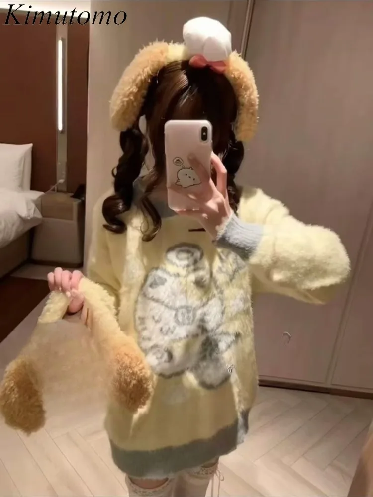 

Kimutomo Knitted Sweater Women Cartoon Cat O Neck Loose Vintage Sweet Funny Y2k Aesthetic Harajuku Pullover Ladies Jumper