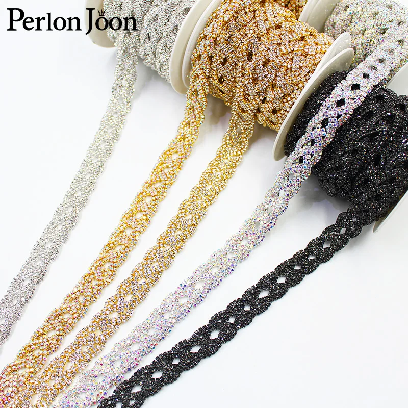 1 Yard Fashion Cross Around Tape Rhinestones Trim Crystal Metal Chain Welding Webbing for dress bag shoes Accessories ML022