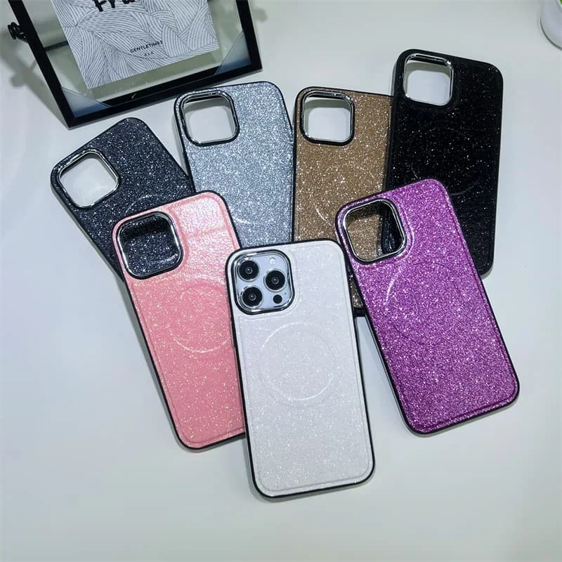 Silk Grain Leather Glitter Magnetic Case For iPhone 15 16 14 13 12 Pro Cover