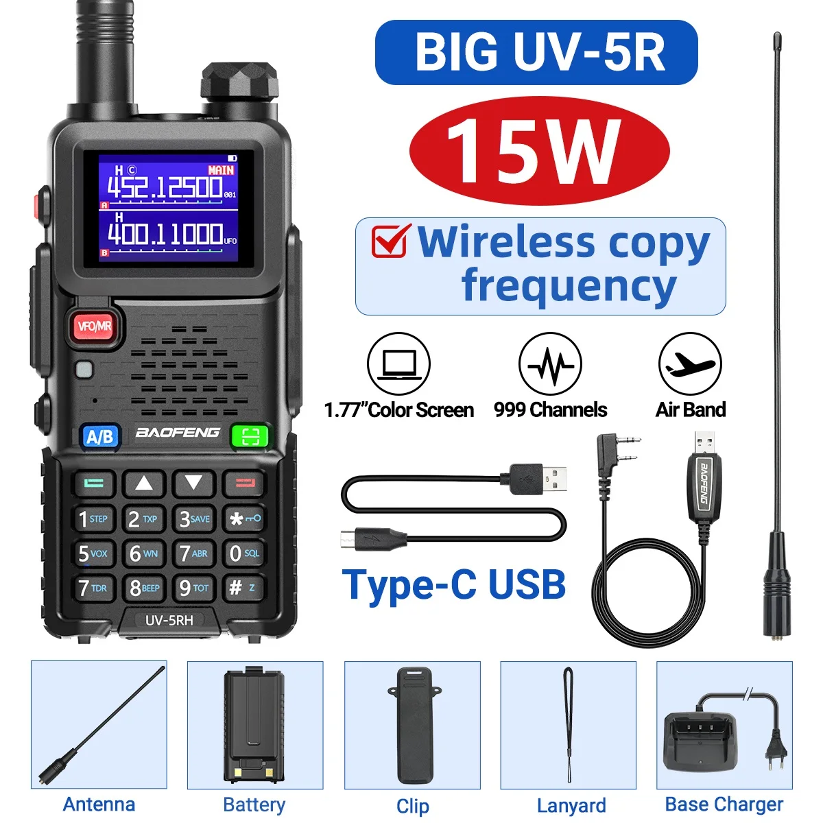 Baofeng UV-5RH Air Band Walkie Talkie Draadloze kopieerfrequentie Type-C NOAA Lange afstand 999CH Verbeterde UV-5R 5RM Ham Two Way Radio