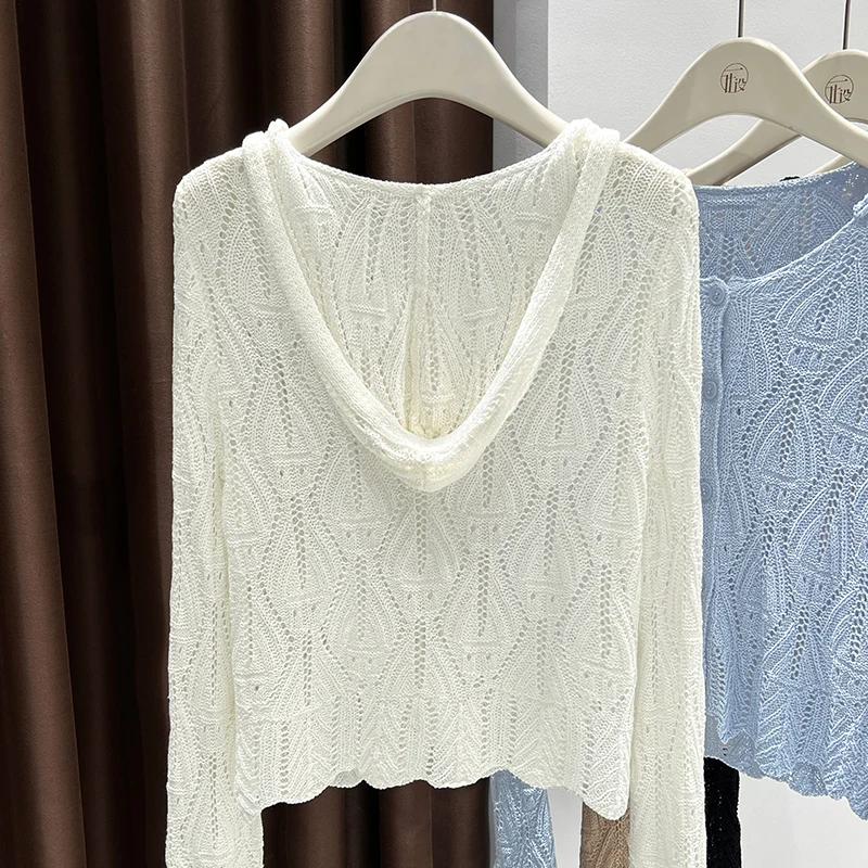 

Hollow out design for sun protection, paired with a women's long sleeved summer knitted shawl blouse and a camisole jacket