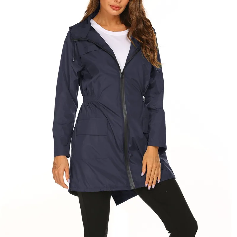 Autumn Winter Women's New Solid Color Outdoor Assault Suit with Waist Cinched Hood Lightweight Rainproof Suit Raincoat Jacket