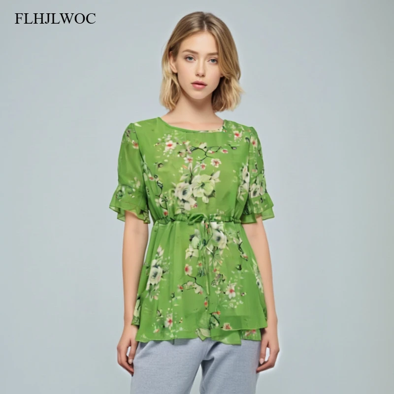 

Peplum Tops Blouses 2025 New Design Summer Short Sleeve Slim Waist Drawstring Cute Flower Printing Green Chiffon Shirt Blouse