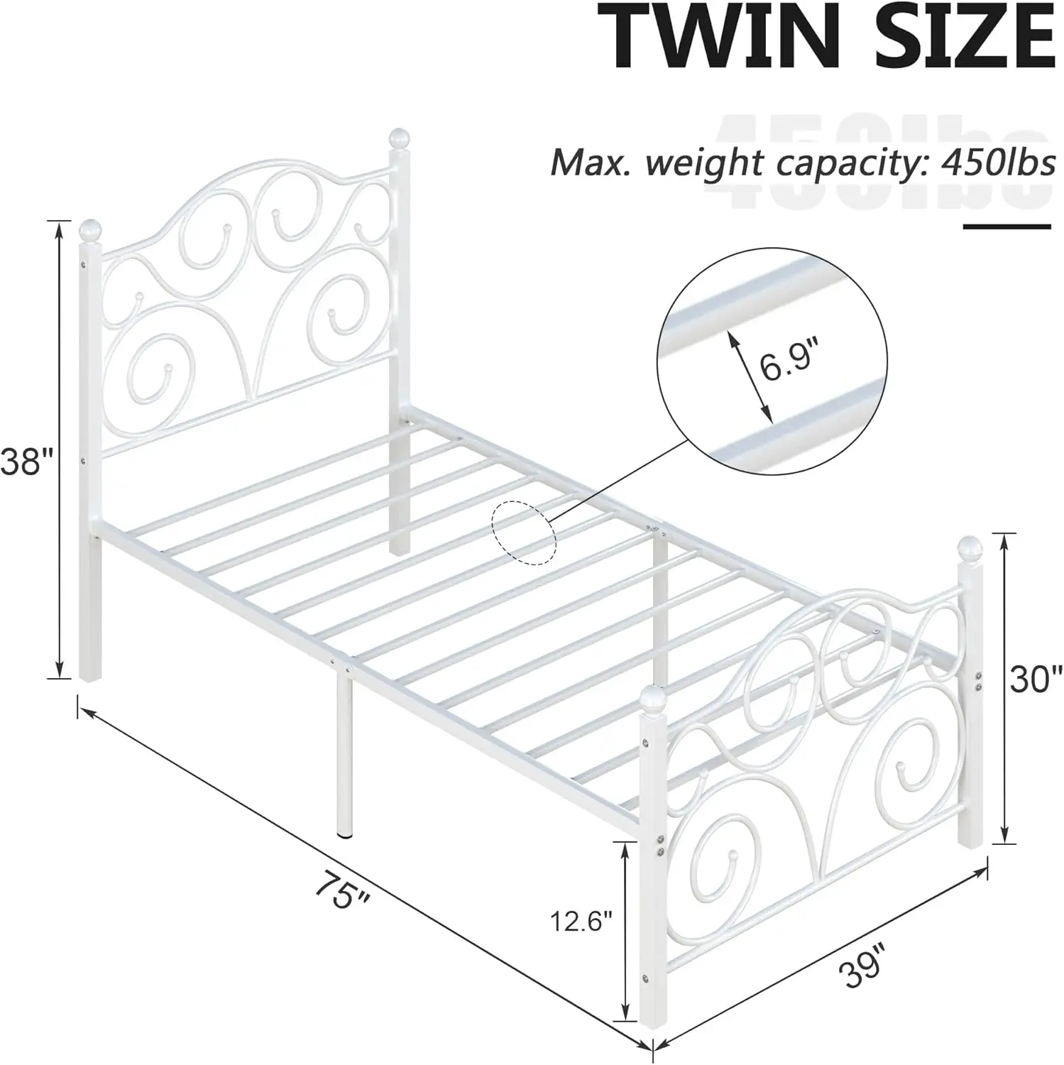 Estructura de cama de tamaño con cabecero y pie de cama, soporte de listones de metal resistente, base de colchón con plataforma, sin caja Spr