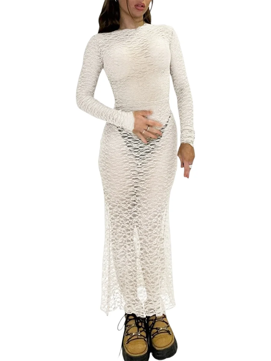 Abito lungo da donna in pizzo trasparente elegante manica lunga girocollo tinta unita copricostume da spiaggia per costume da bagno bikini
