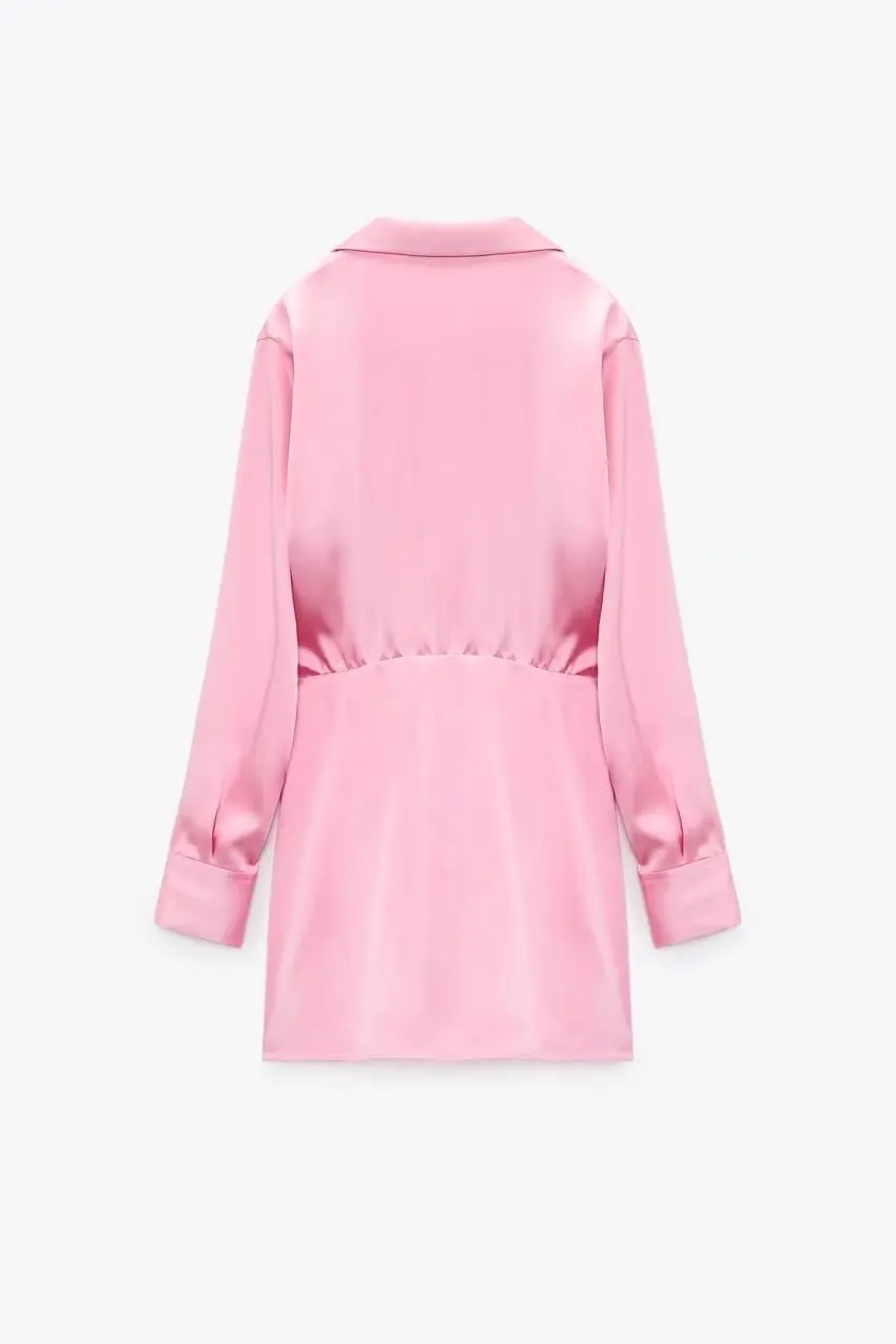 ربيع جديد النمط الأوروبي والأمريكي المرأة الحرير الساتان الملمس فستان قصير الخصر بأكمام طويلة #3