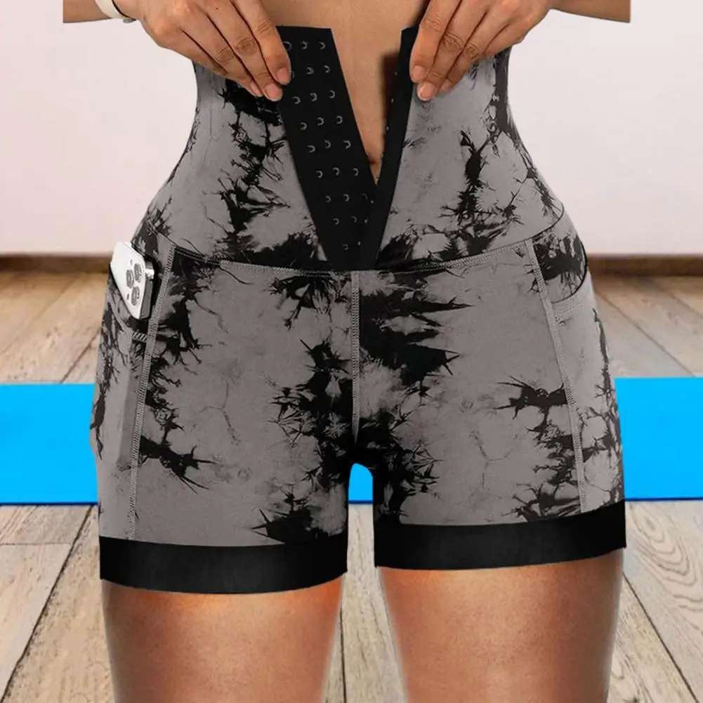 Calção de cintura alta feminina com estampa corante gravata, design de bolso com controle da barriga, shorts casuais magros, moda acima do joelho