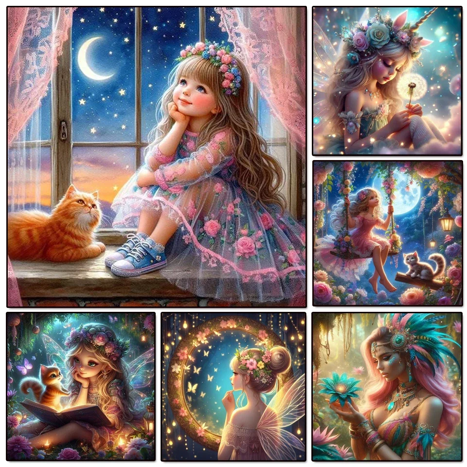 Neu eingetroffen: Diamant-Gemälde, Porträt, Cartoon-Mädchen und Tier, DIY, mag voller Bohrer, Katze, Mond, Mosaik, Heimdekoration, Kunst, handgefertigtes Geschenk