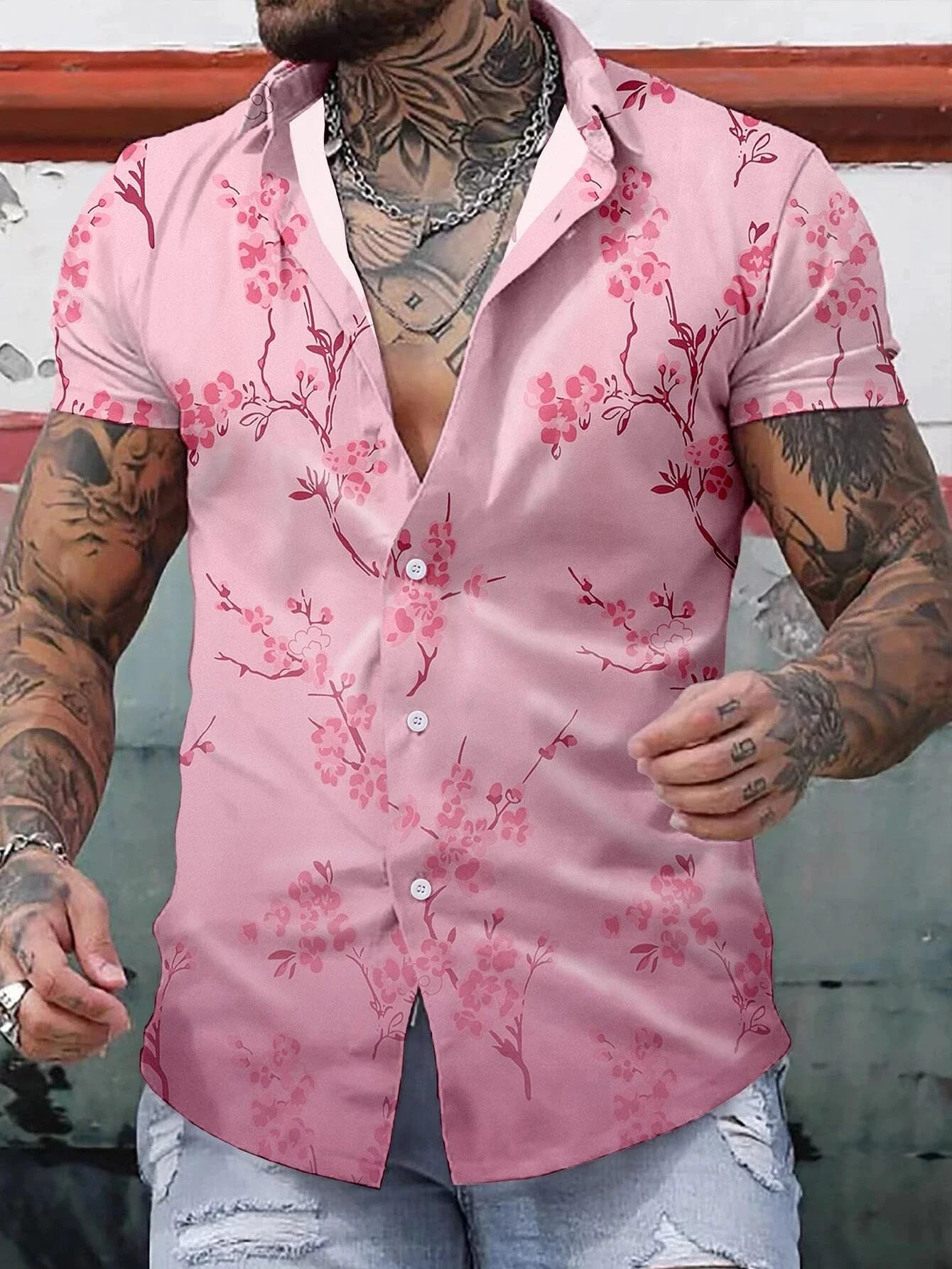 Hawaiian Shirt For Men peach blossom 3D Printed Plant Short Sleeves Tops Summer Lapel Oversized Shirts Street Button Blouses