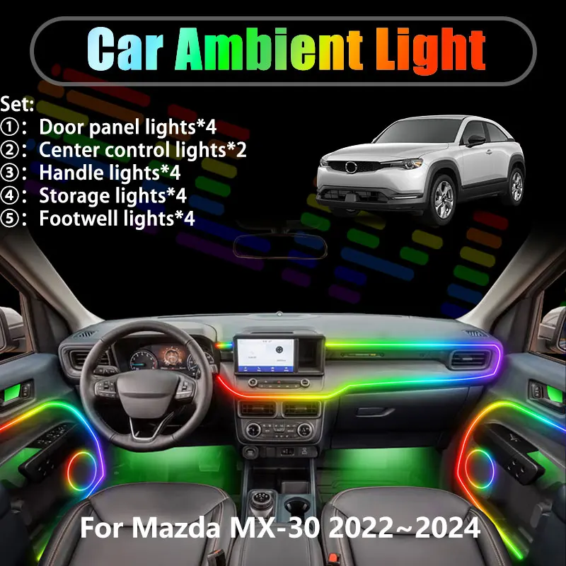 

Для Mazda MX-30 2022~2024: Комплект светодиодной подсветки салона и багажника (2/18 режимов), USB RGB, с функцией стримера, автозапчасти