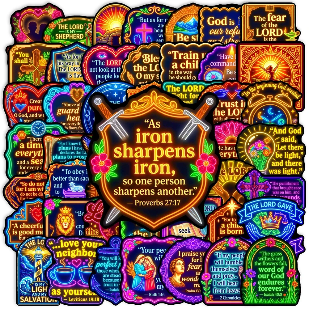 

10/30/50pcs Neon Light English Quotes Cartoon Stickers Bible Inspirational Phrases Decal DIY Diary Helmet Phone Graffiti Sticker