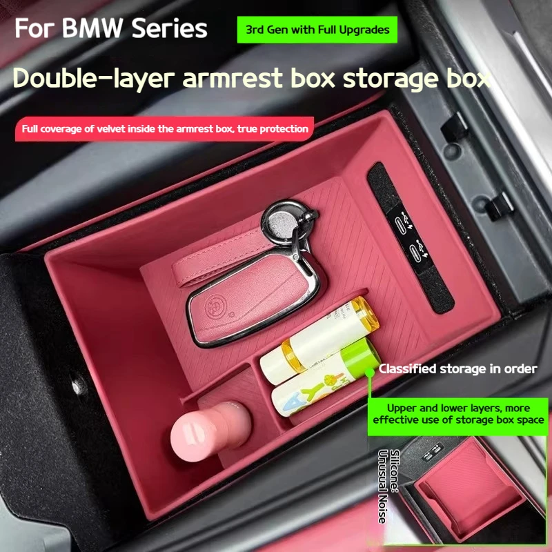 

Для BMW X3, X5, X6, X7, 3 и 5 серий (G45, G05, G06, G07, G20, G60) — двухслойный органайзер для центральной консоли/бардачка с силиконовым покрытием