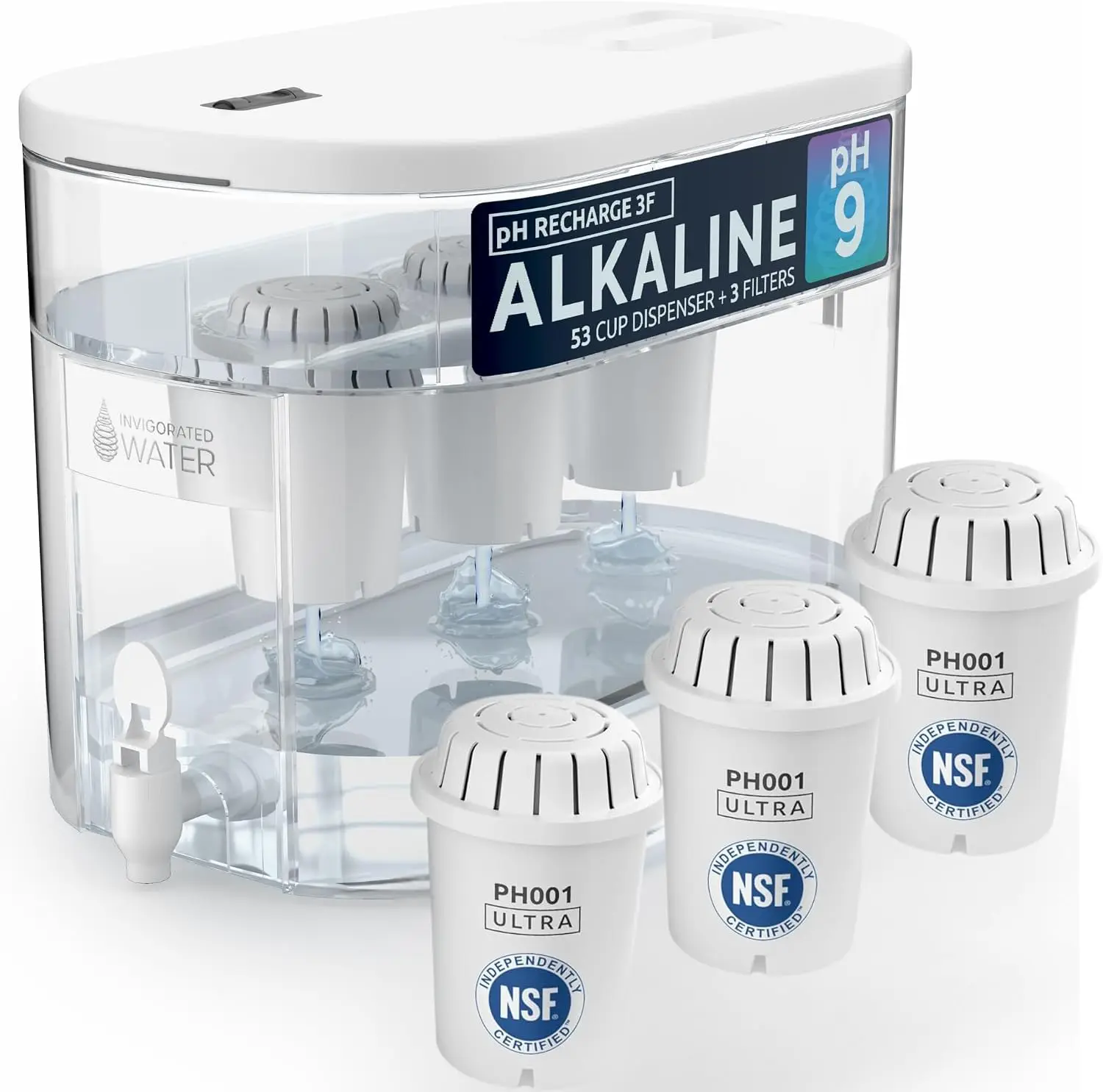 Invigorated Alkaline Water Machine - 3.3 gal Countertop Dispenser with 300 Gallon Capacity + 3-Pack Ultra PH001 Replacement Filt