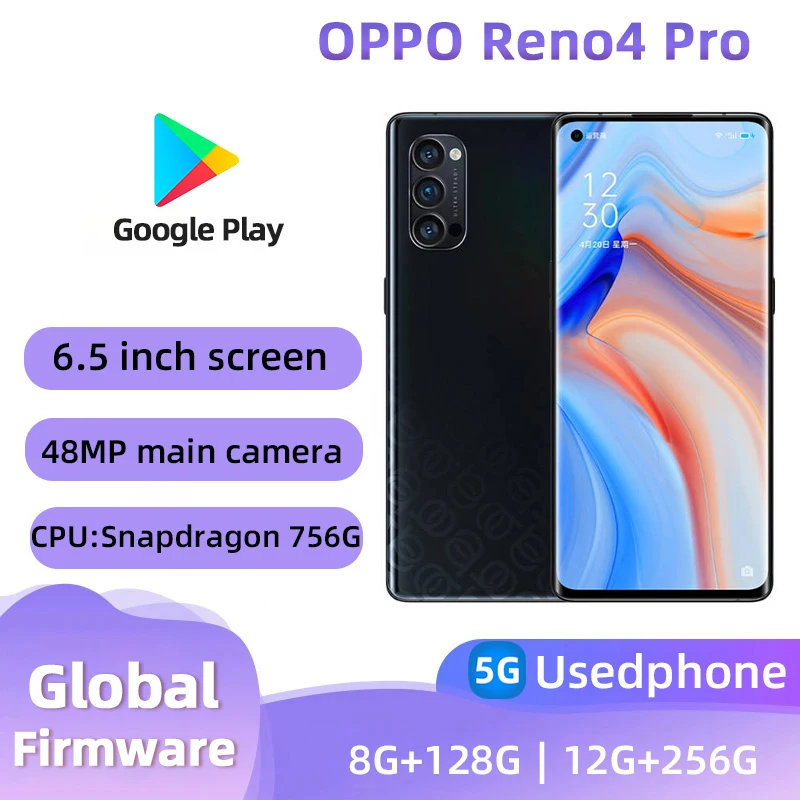 Oppo Reno4 Pro 5G Android CPU Qualcomm Snapdragon 765G 6.5 inches Screen ROM 256GB 4000 MAh Battery 63W Charge 90hz Used Phone