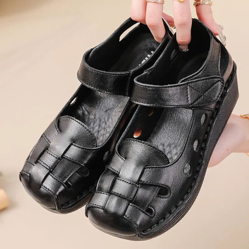 

fashion roman sandals women's summer genuine leather weave shoes mom gladiator lady closed toe elderly flat wedged sandals new