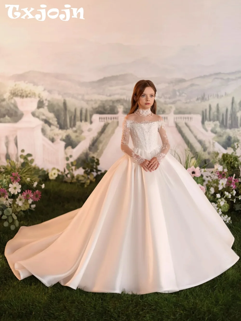Txjojn White Satin Flower Girls Dresses For Wedding Dazzling Lace Beaded Off Shoulder Kids Princess Gown Communion Dresses 2-14Y