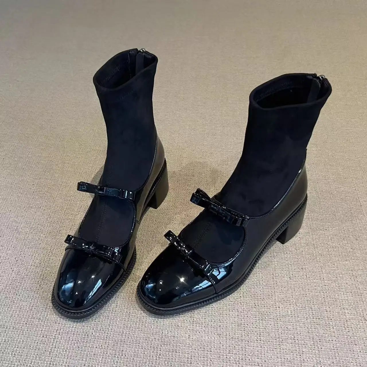 

Women Half High Boots Round Toe Chelsea Ladies Mid Calf Shoes High Heel Black Footwear Spring Autumn Rear Zip Short Boots Women