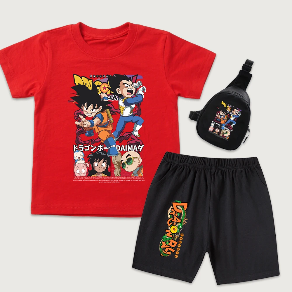 Dragon Ball Daima Anime Print Kids Cotton T Shirt and Shorts Set with Mini Chest Bag 3 Pieces Set for Boys Girls Casual Wear