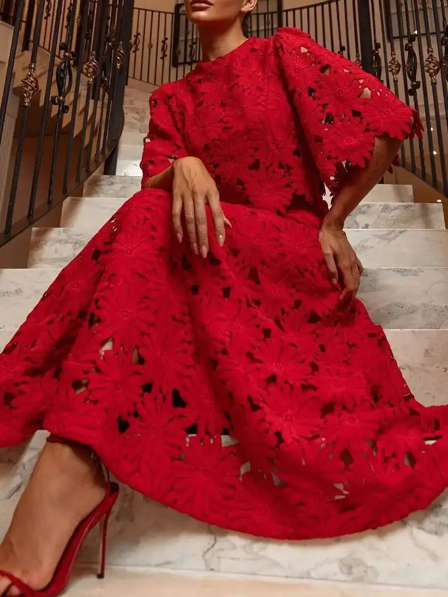 Embroidery Two Piece Set Women O Neck Batwing Sleeve Top High Waist Hollow Out A Line Long Skirt Elegant Suit Female New LS6Z