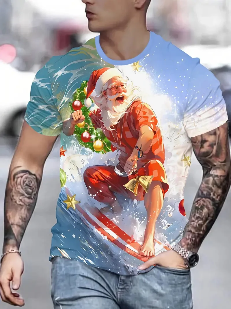 الرجال حفلة عيد الميلاد التي شيرت ثلاثية الأبعاد طباعة بدلة وهمية نمط تصميم قصيرة الأكمام الجولة الرقبة التي شيرت مع ندفة الثلج شجرة عيد الميلاد الطباعة #5