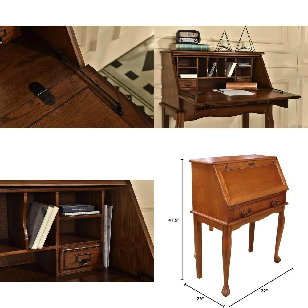 

Письменный стол из массива дуба с откидной передней панелью и изогнутыми ножками, 32x17x42 дюйма, отделка под орех, идеально подходит для небольшого офиса, кухни.