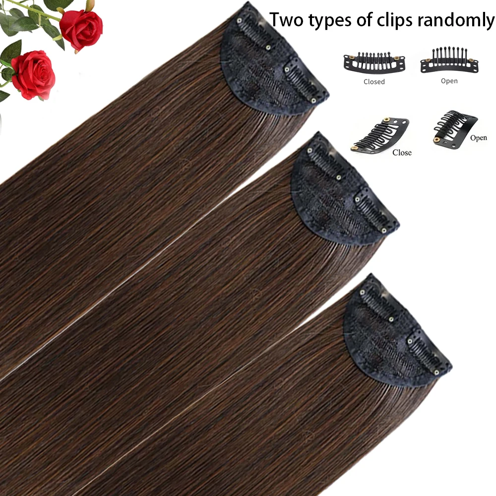 3PCS Thick Light brown Long Straight Set 24inch Synthetic Clip in Hair Extensions for Women