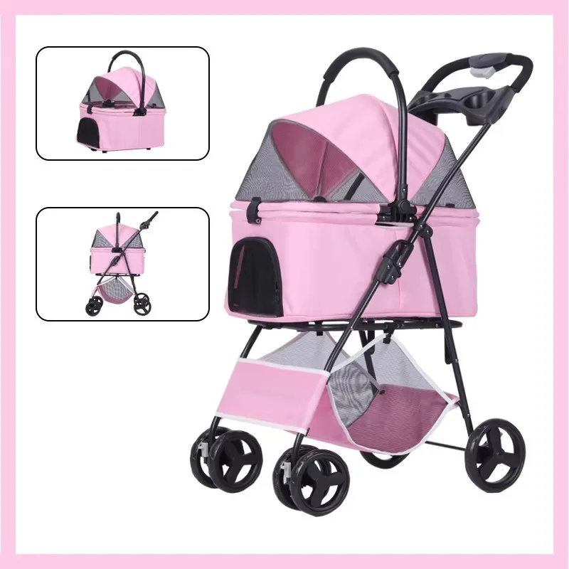 P02 Pet Stroller 4 Wheels Lightweight Foldable Portable Dog Cat Stroller for Outdoor Travel