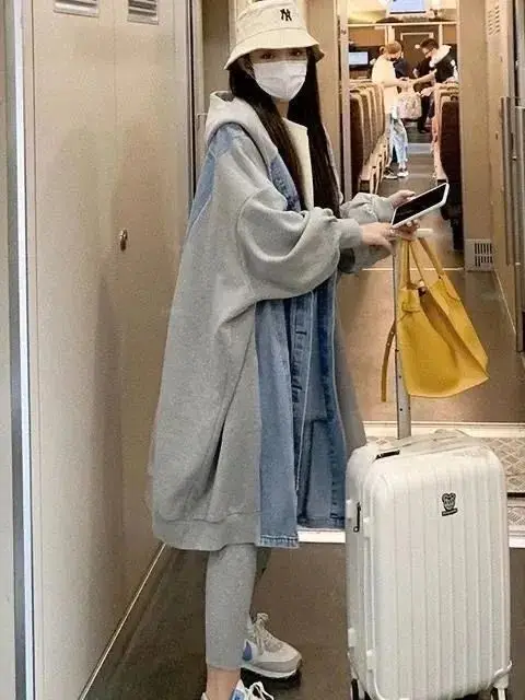 루즈핏 후드티 여성 데님 패치워크 캐주얼 워크웨어 아우터웨어 중간 길이 다용도 탑 대형 사이즈 300 포